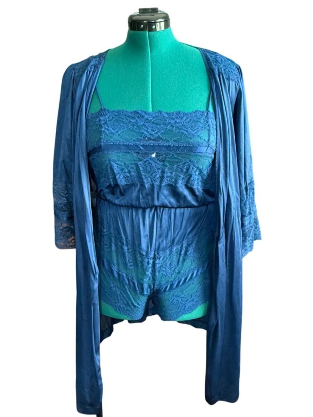 Womens Lingerie 2 piece Robe Set Vintage Satin & Lace Sz Medium Texsheen Tessi